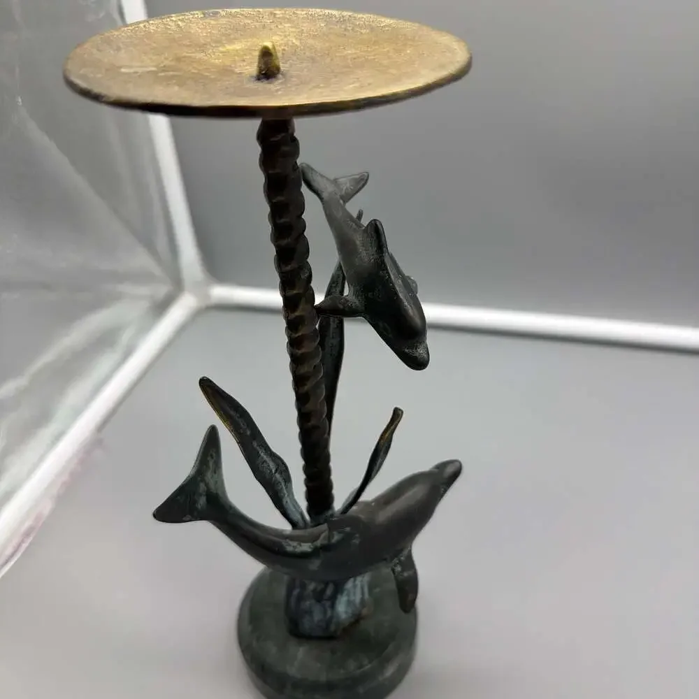 Vintage SPI Gallery Bronze Dolphin‎ Candle Holder on Marble Base